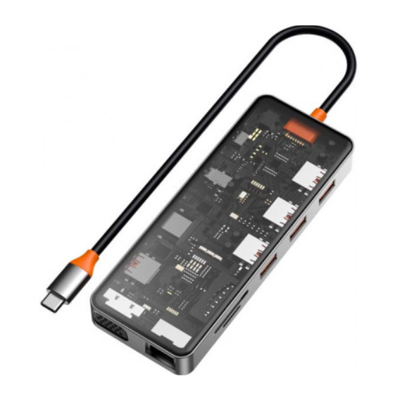 Адаптер WIWU Adapter Cyber CB011 11in1 USB-C to 3xUSB3.0+USB2.0+USB-C+SD+MicroSD+VGA+HDMI+RJ45+3.5mm Space Gray