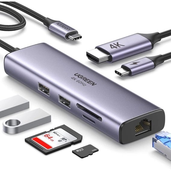 Адаптер Ugreen Adapter CM512 USB-C to 2xUSB3.0+HDMI+RJ45+SD Gray (60515)